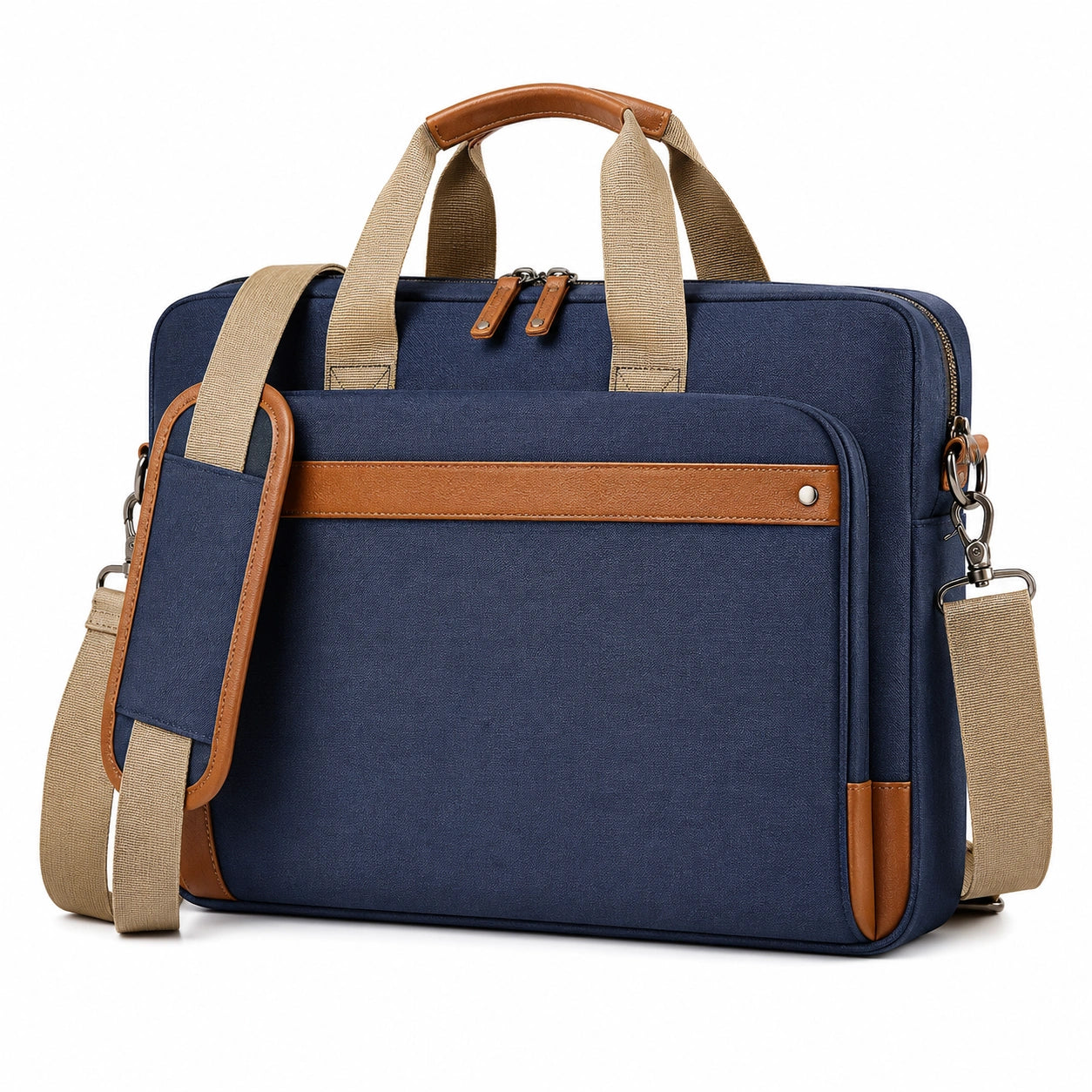 Laptoptasche 40 cm Textil Kunstleder Blau Braun mit Schultergurt