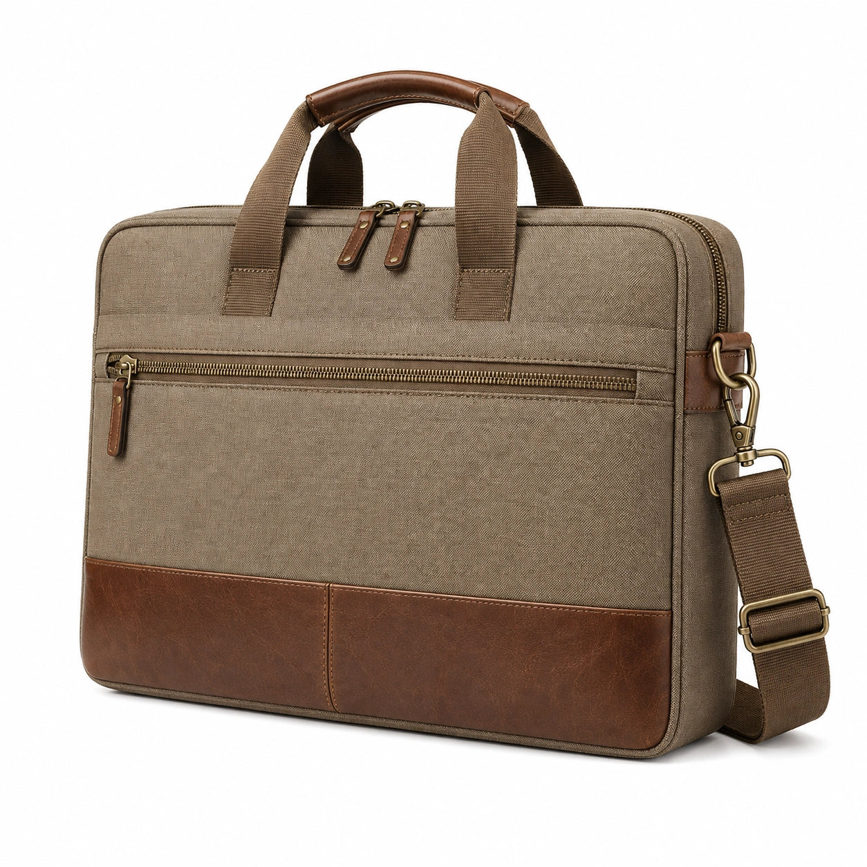 Aktentasche 40 x 8 x 30 cm aus Canvas und Kunstleder Khaki Braun für Büro mit Schultergurt