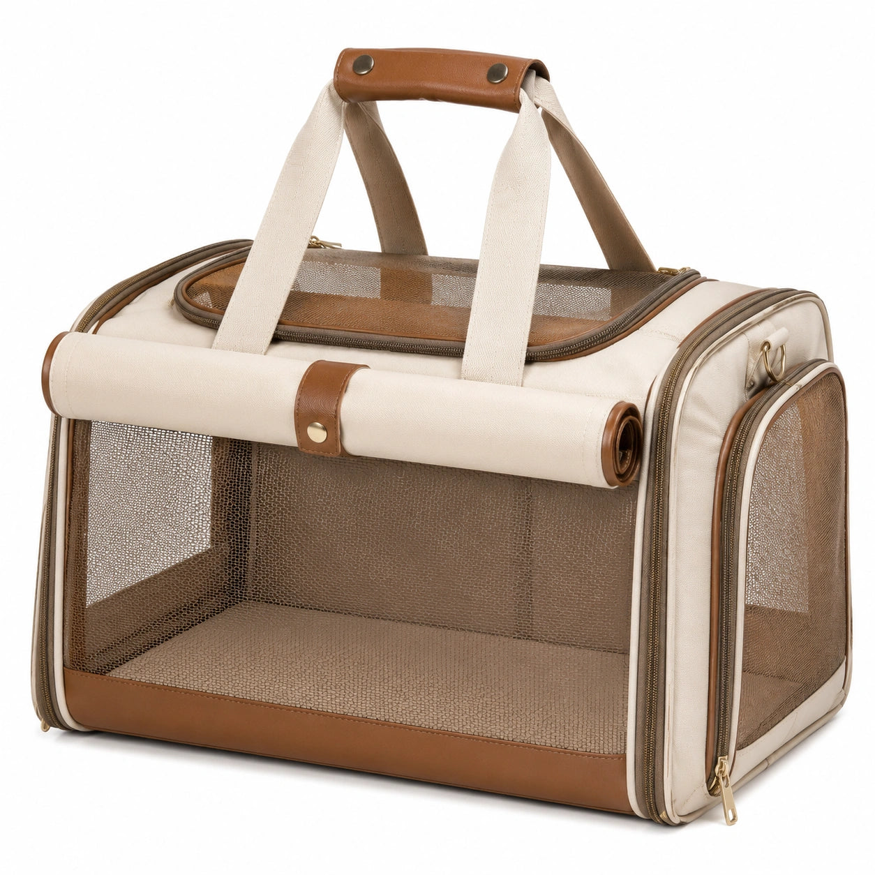 Haustier-Transporttasche 50 x 30 x 35 cm aus Textil in Creme/Braun mit Netzfenstern