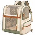 Haustier-Transportrucksack 42 x 30 x 45 cm aus Textil Beige Grün mit Netzfenstern für Katzen und kleine Hunde