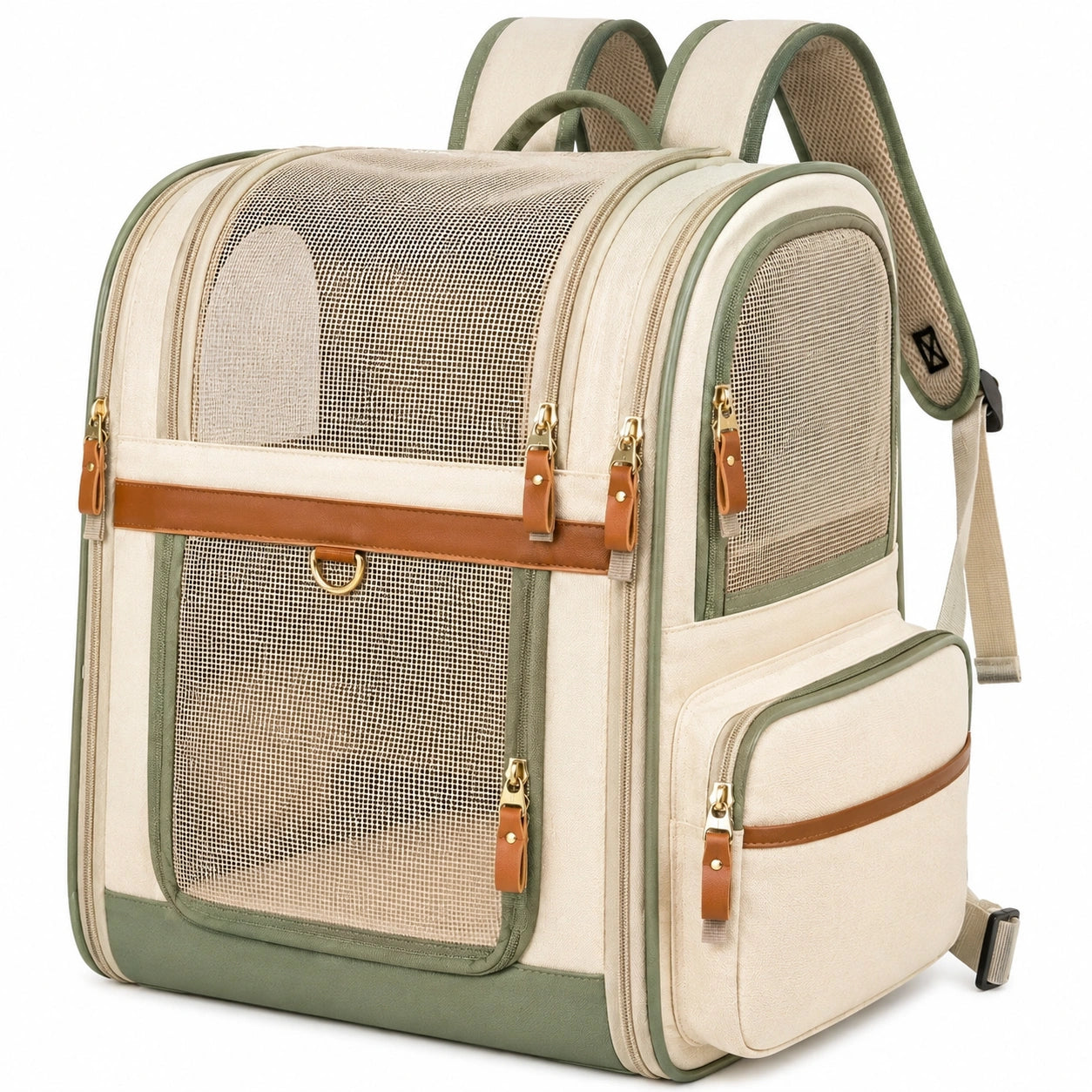 Haustier-Transportrucksack 42 x 30 x 45 cm aus Textil Beige Grün mit Netzfenstern für Katzen und kleine Hunde