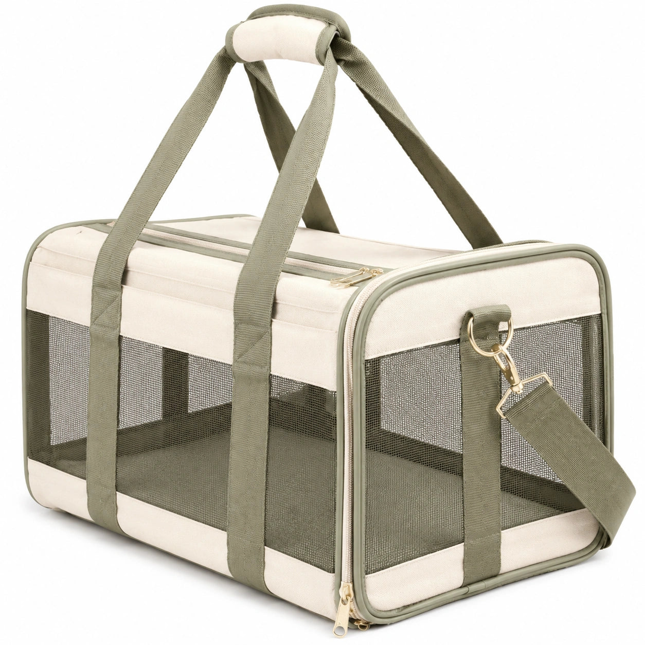 Transporttasche für Haustiere 45 x 28 x 28 cm Textil Mesh Beige Olivgrün mit Schultergurt
