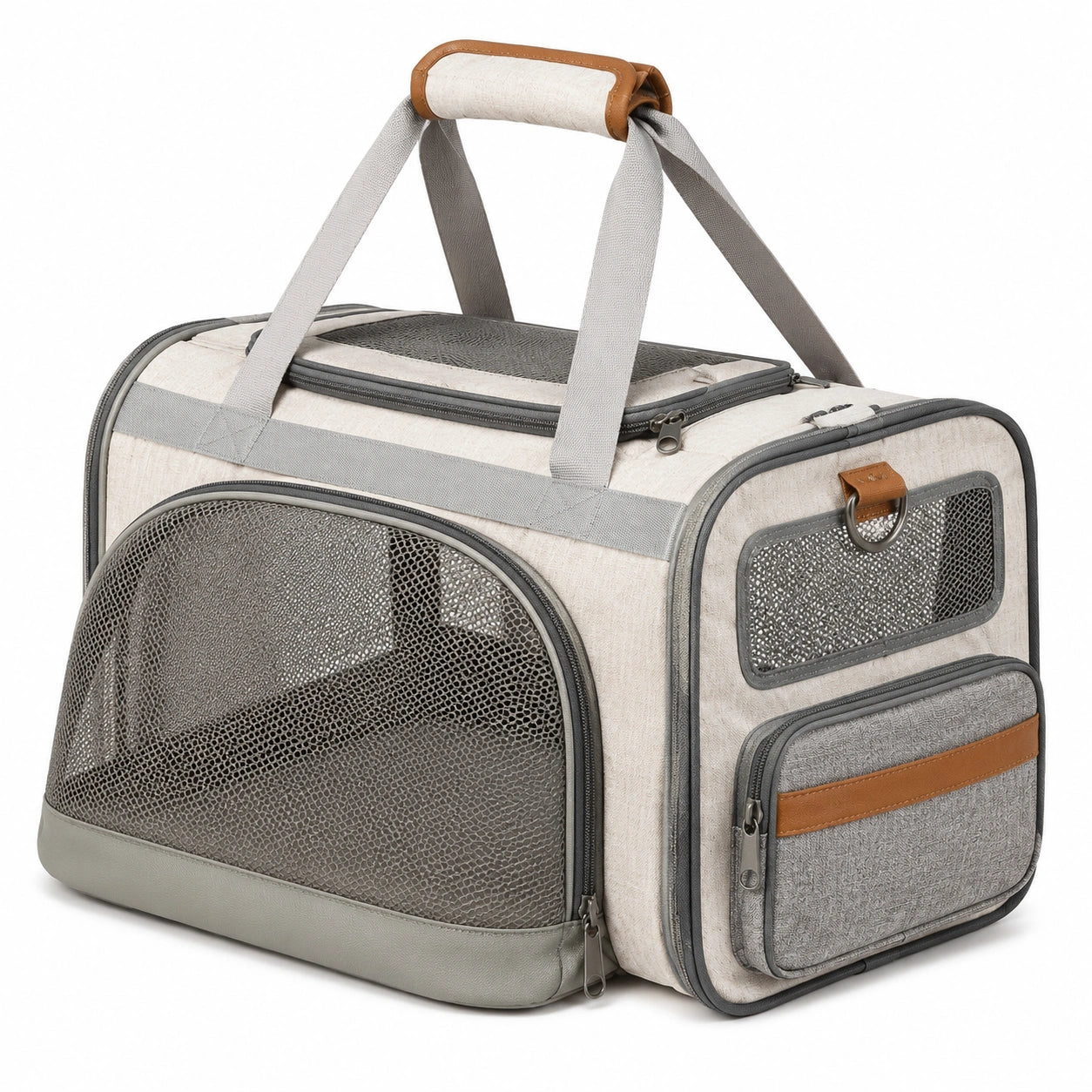 Haustier Transporttasche 50 x 30 x 32 cm Textil Beige Grau für Reisen mit Meshfenstern