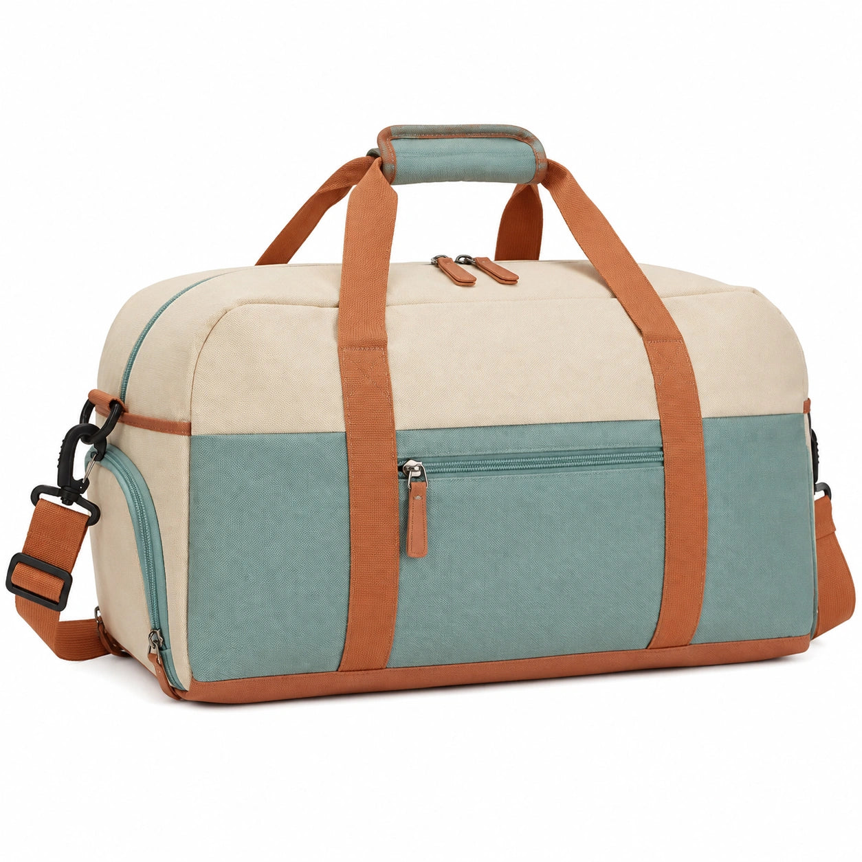 Reisetasche 45 x 25 x 28 cm aus Textilgewebe Creme Petrol Braun mit Schultergurt
