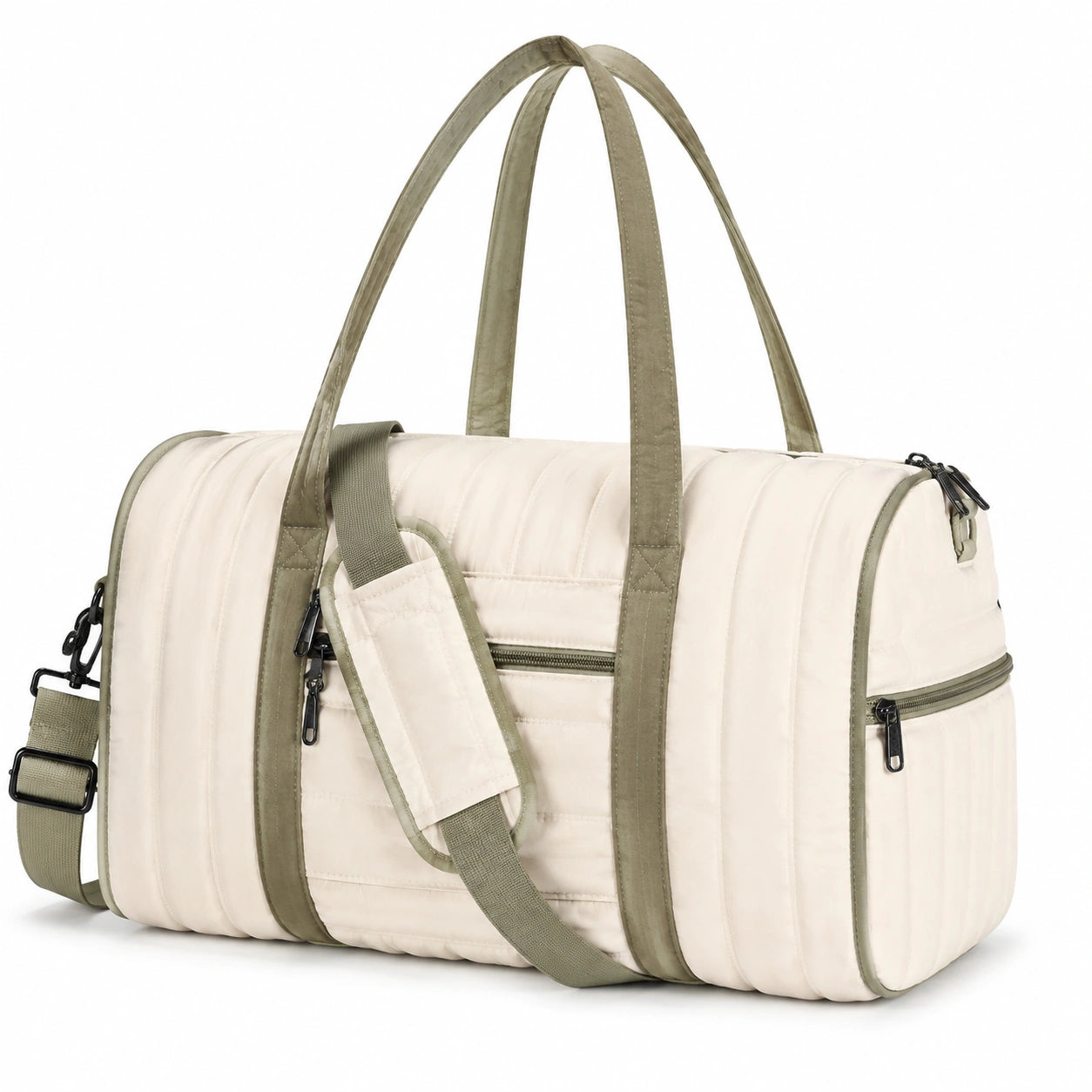 Reisetasche 45 x 25 x 25 cm aus Textil in Cremegrün mit Steppdesign und Schultergurt