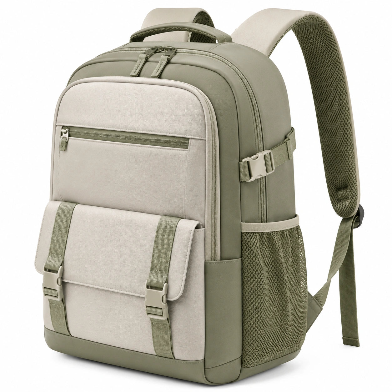 Rucksack 30 x 18 x 45 cm Textil Olivgrün Creme mit Laptopfach und Mehrfachfächern