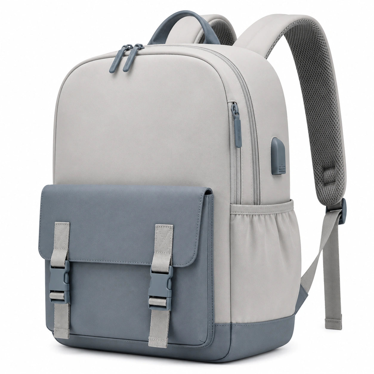 Rucksack 30 x 15 x 42 cm Textil Grau Blau für Alltag mit Frontfach