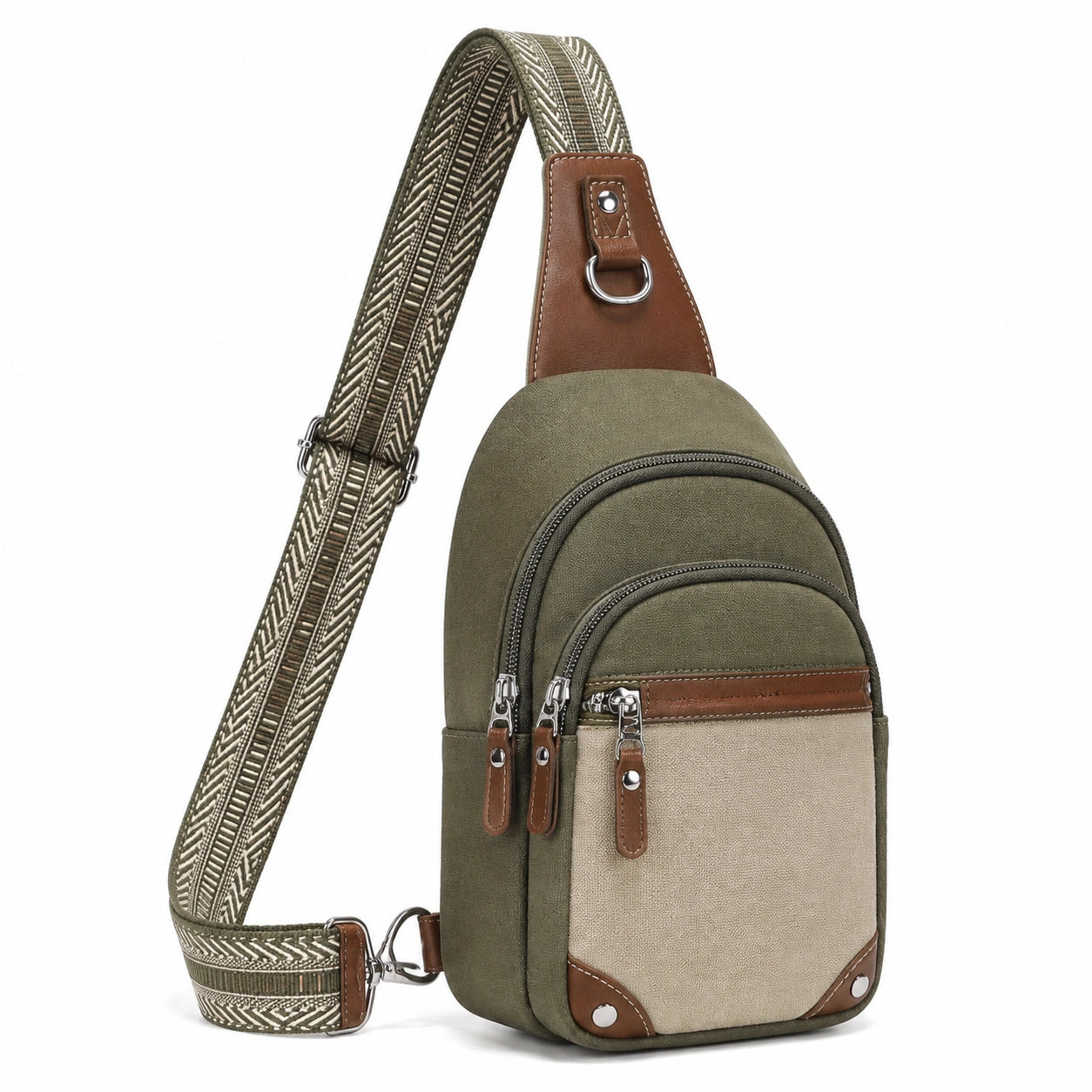 Brusttasche 18 x 8 x 32 cm aus Textil Grün Braun Beige mit verstellbarem Schultergurt