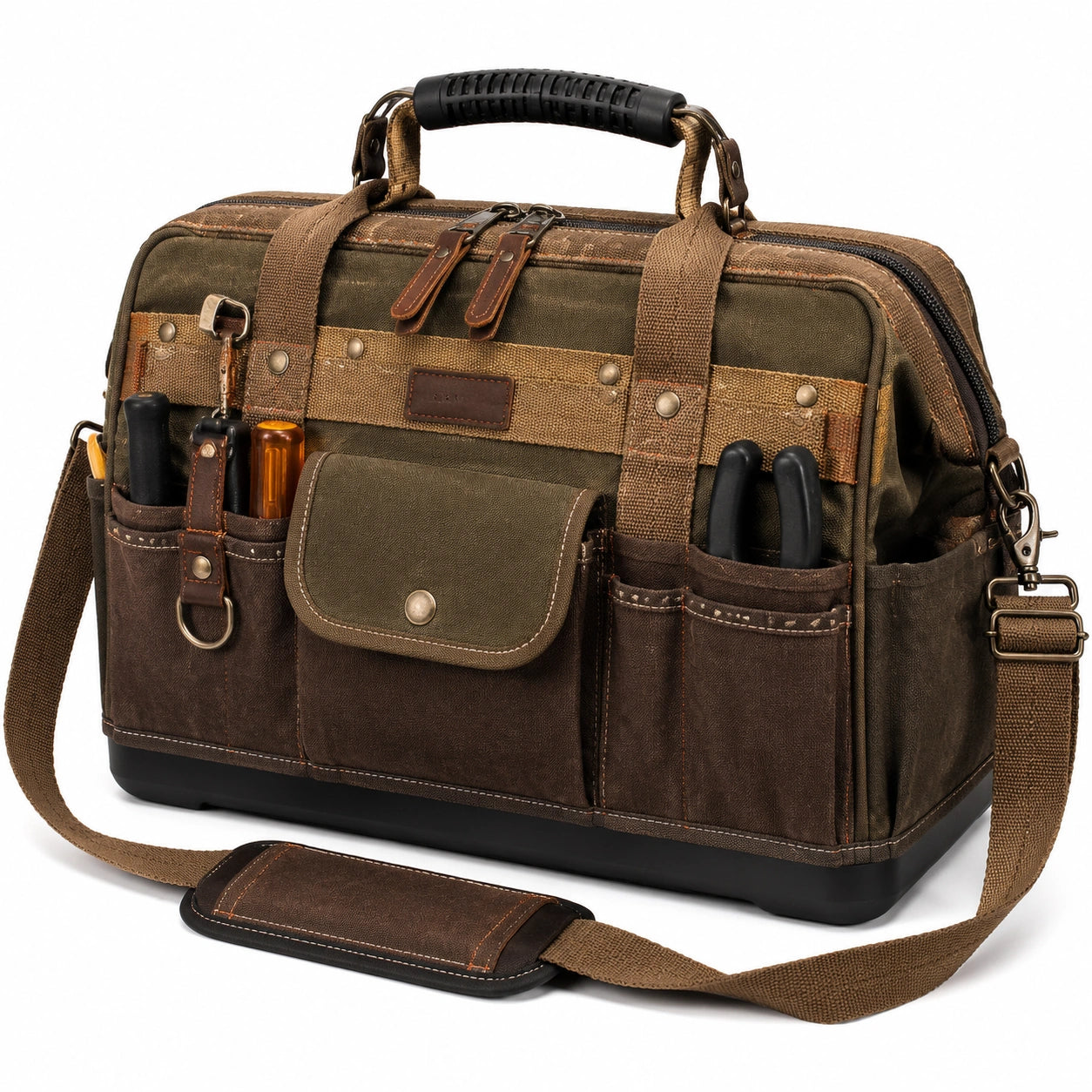 Werkzeugtasche 45 cm aus Canvas Braun Olivgrün mit Schultergurt
